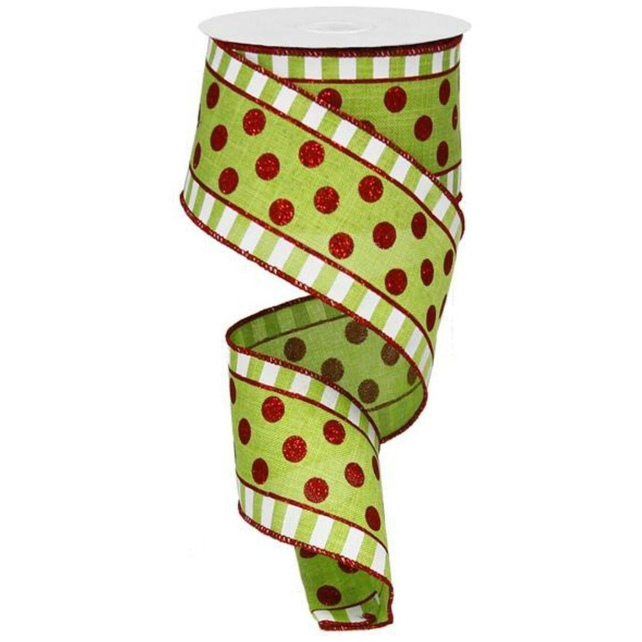 2.5in Dots & Stripes Glitter Ribbon: Lime Green, White, Red (10 Yards)